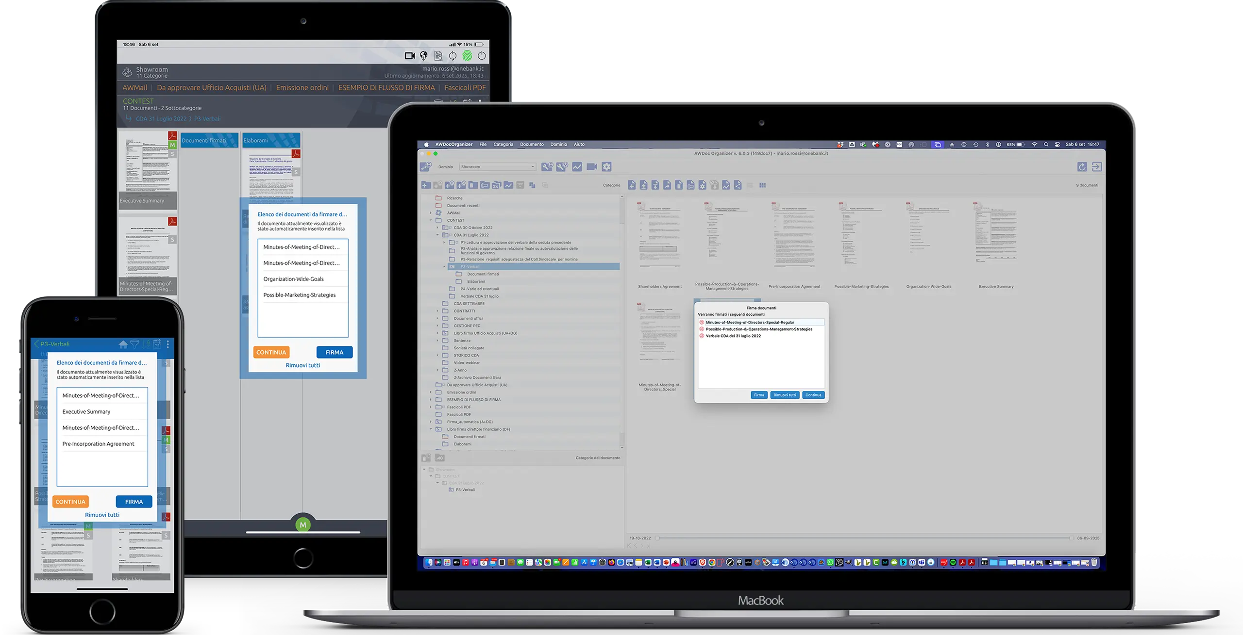 awt_mockup_awdoc_firma Vista della soluzione AWDoc su desktop, tablet e smartphone: firma digitale